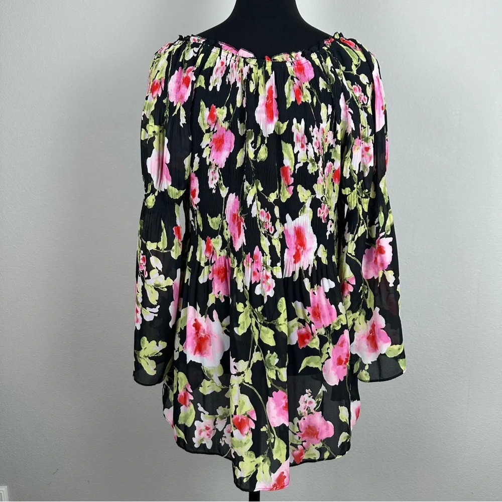 Floral & Ivy Floral Top Sz Large Sheer Pleated Stretch Flare Sleeve Peasant Boho - Picture 8 of 14